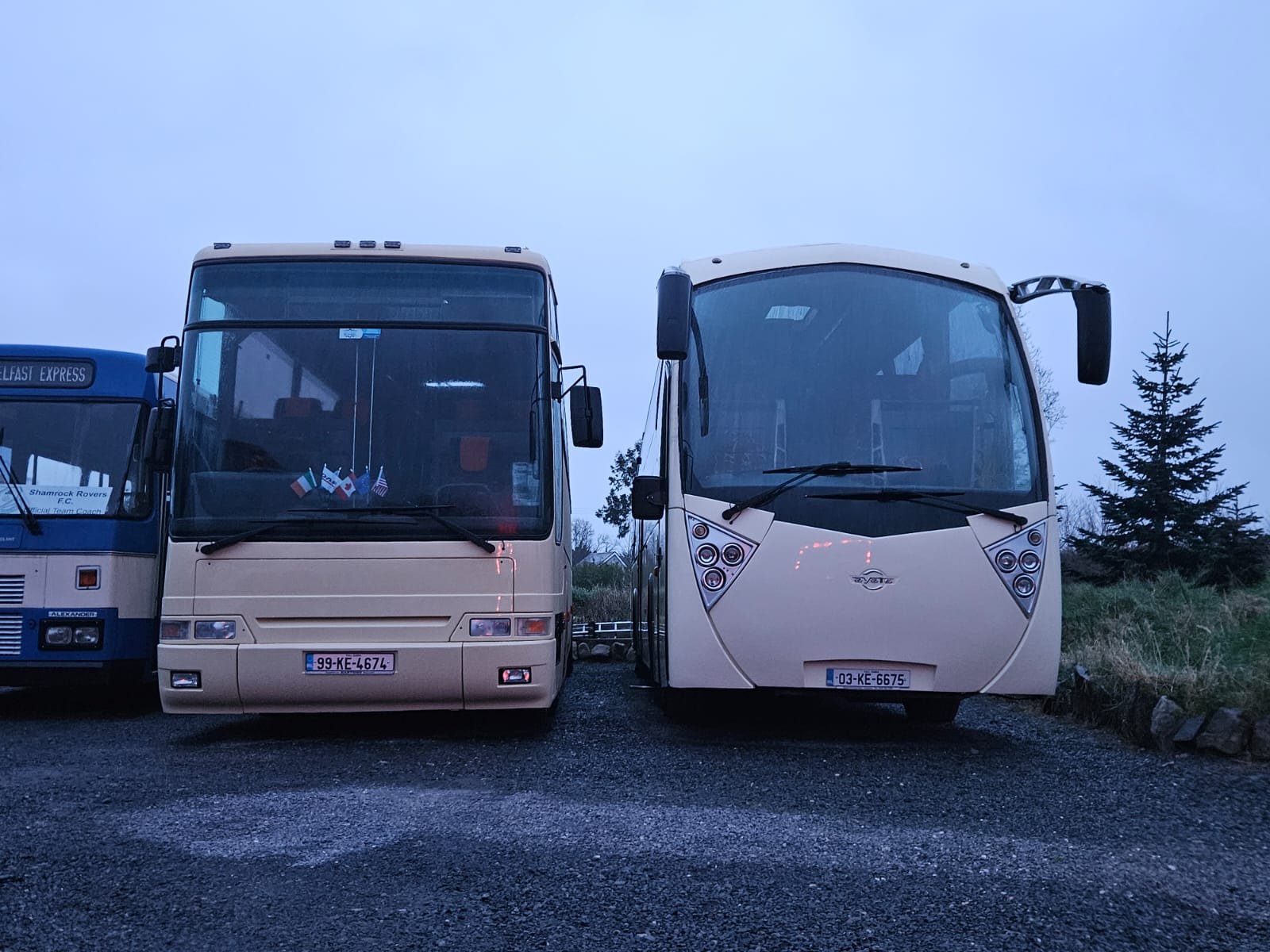 Two Paynes coaches side by side at night